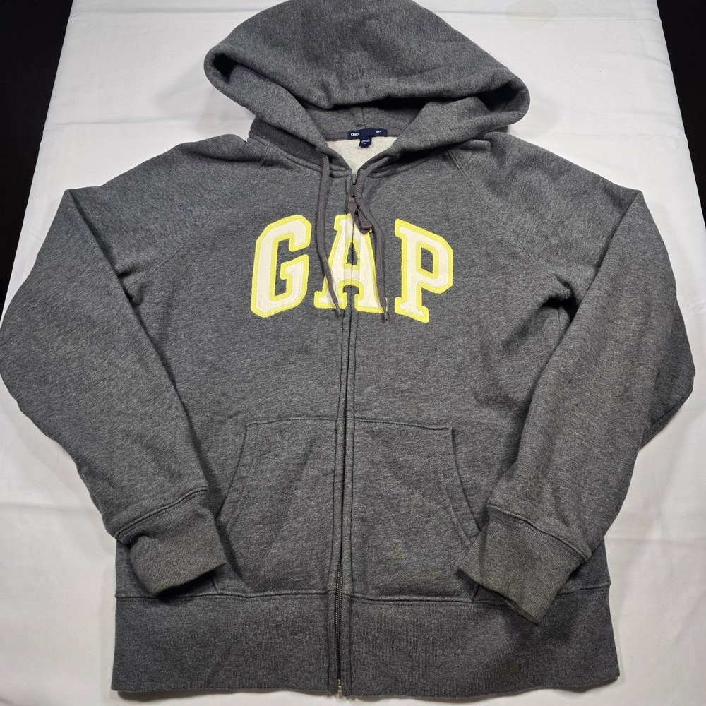 Gap Womens Zip Up Hoodie Charcoal Gray Yellow Logo Fleece‎ Sweatshirt Size M